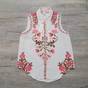 NWT Sundance Embroidered 100% Linen Floral Sleeveless Collared Snap Button Top